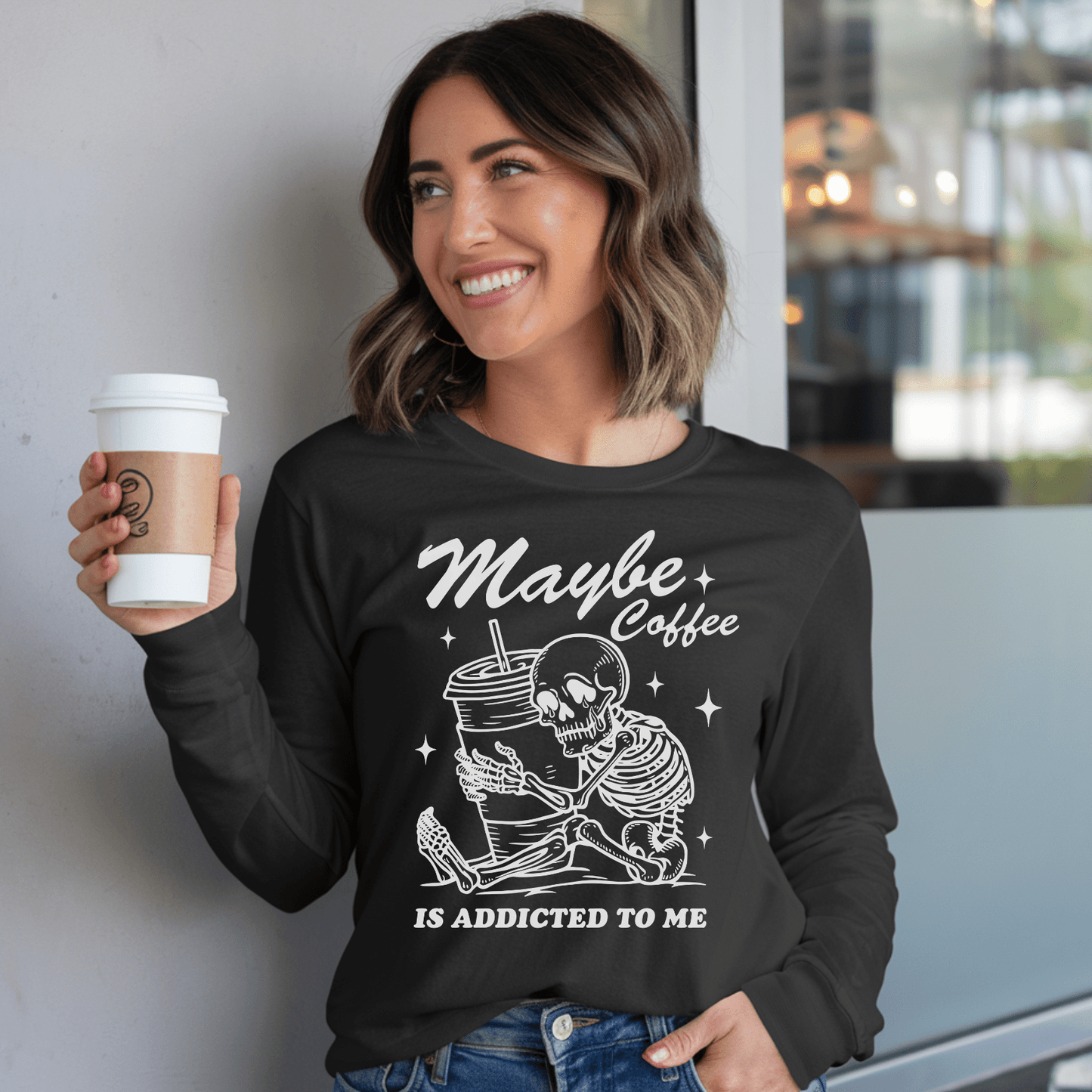 Maybe Coffee Is Addicted To Me (White) Comfort Colors Long - Sleeve Shirt - Not Your Mama's Fave
