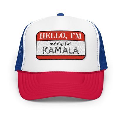 Hello, I'm Voting for Kamala Trucker Hat - Not Your Mama's Fave