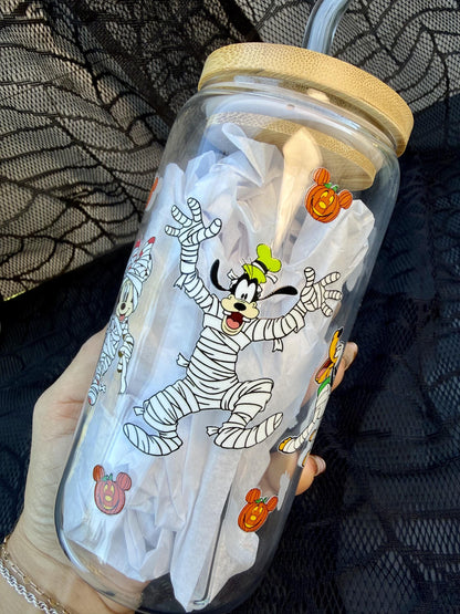 Halloween Mummy Character 16 oz Glass Cup with Bamboo Lid & Straw | Spooky Pumpkin Glass Can Tumbler