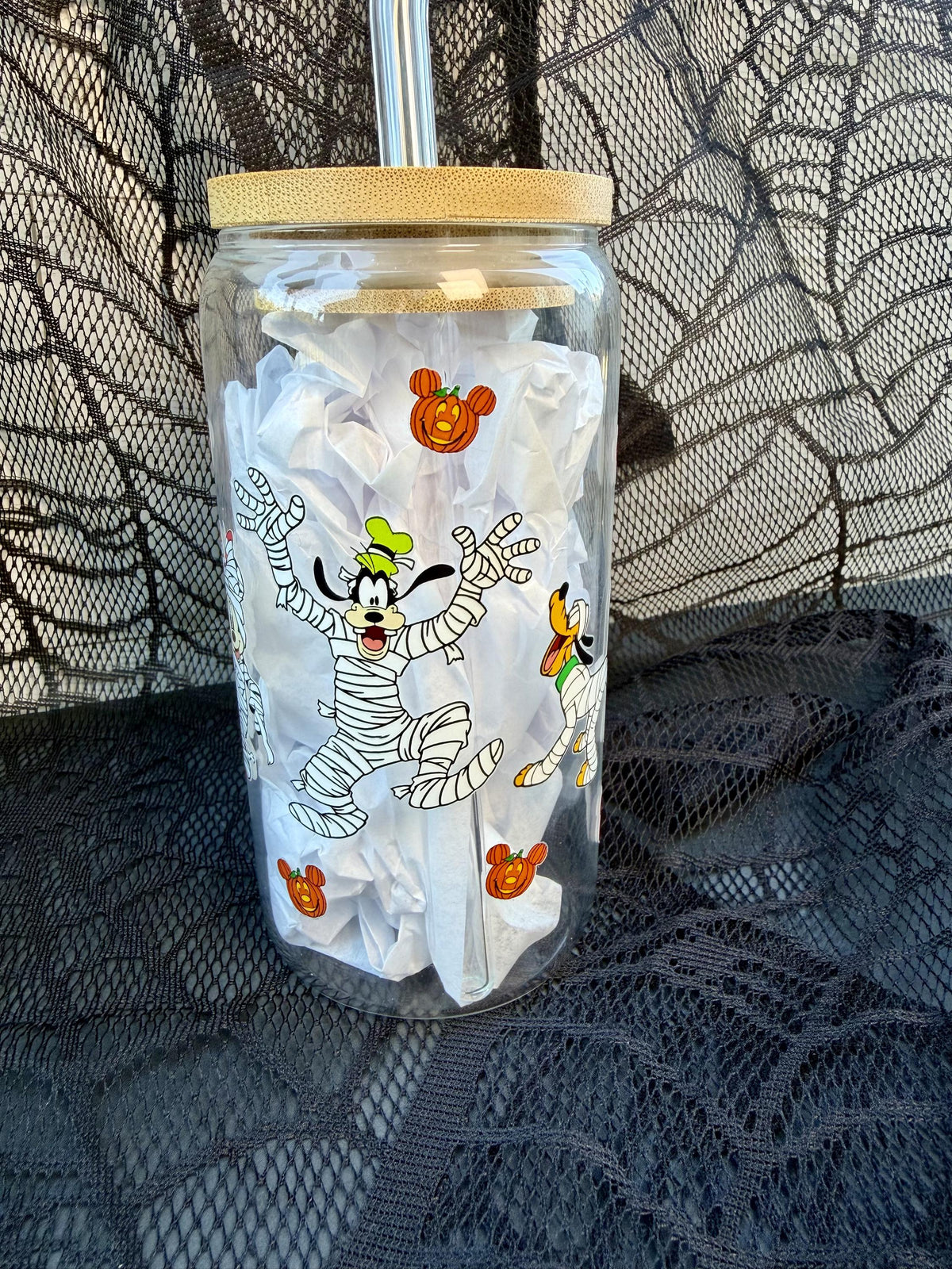 Halloween Mummy Character 16 oz Glass Cup with Bamboo Lid & Straw | Spooky Pumpkin Glass Can Tumbler