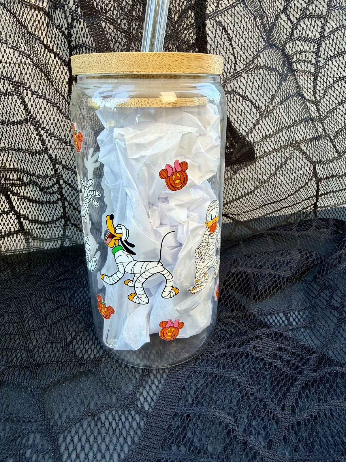 Halloween Mummy Character 16 oz Glass Cup with Bamboo Lid & Straw | Spooky Pumpkin Glass Can Tumbler