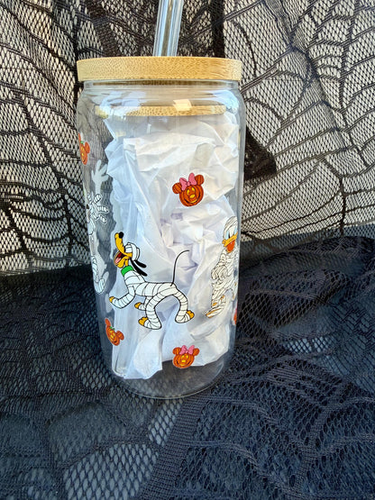 Halloween Mummy Character 16 oz Glass Cup with Bamboo Lid & Straw | Spooky Pumpkin Glass Can Tumbler
