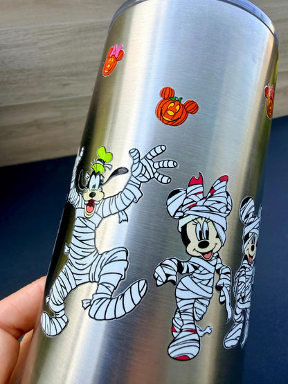 Halloween Mummy Characters & Friends Tumbler 16 oz | Stainless Steel Insulated Cup | Spooky Season Tumbler