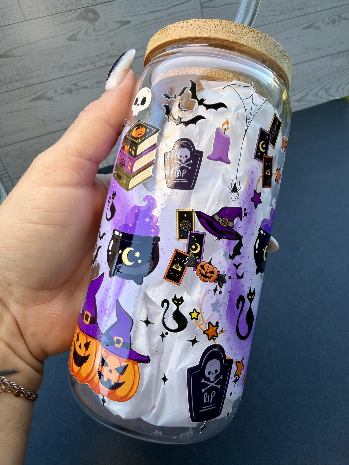 Witchy Halloween Glass Cup | 16 oz Spooky Iced Coffee Cup | Boo Glass Can | Halloween Tumbler with Bamboo Lid & Glass Straw