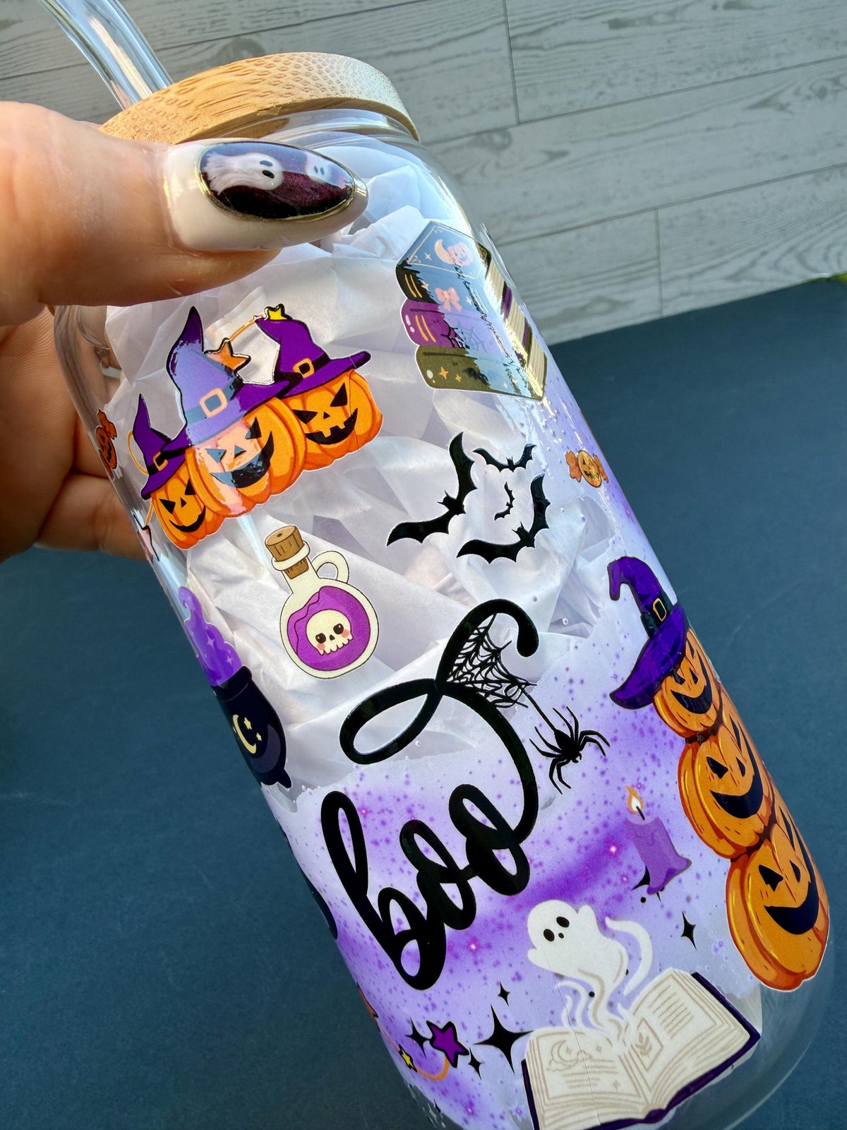 Witchy Halloween Glass Cup | 16 oz Spooky Iced Coffee Cup | Boo Glass Can | Halloween Tumbler with Bamboo Lid & Glass Straw