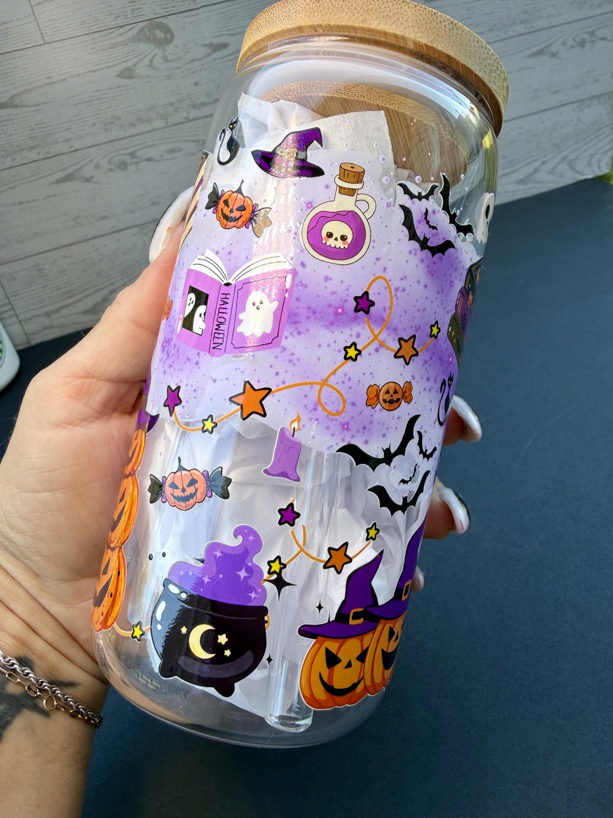 Witchy Halloween Glass Cup | 16 oz Spooky Iced Coffee Cup | Boo Glass Can | Halloween Tumbler with Bamboo Lid & Glass Straw