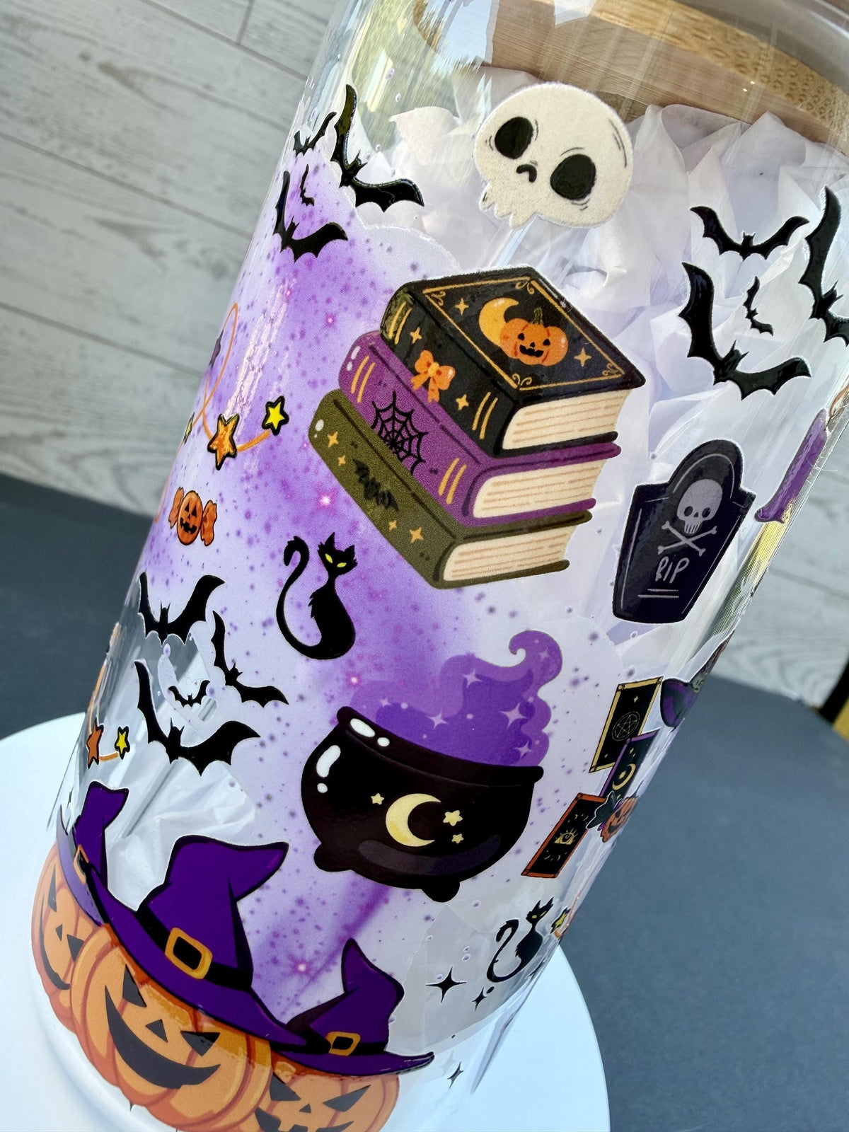 Witchy Halloween Glass Cup | 16 oz Spooky Iced Coffee Cup | Boo Glass Can | Halloween Tumbler with Bamboo Lid & Glass Straw
