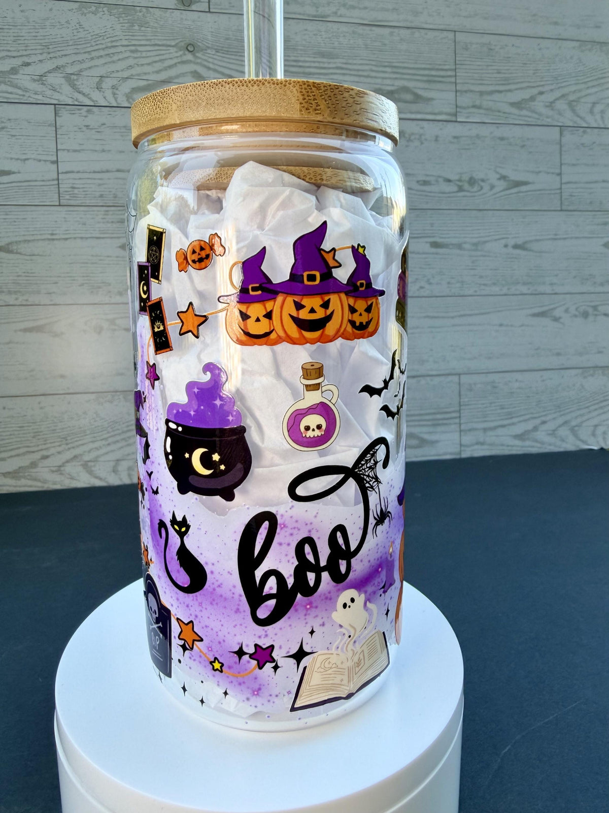 Witchy Halloween Glass Cup | 16 oz Spooky Iced Coffee Cup | Boo Glass Can | Halloween Tumbler with Bamboo Lid & Glass Straw