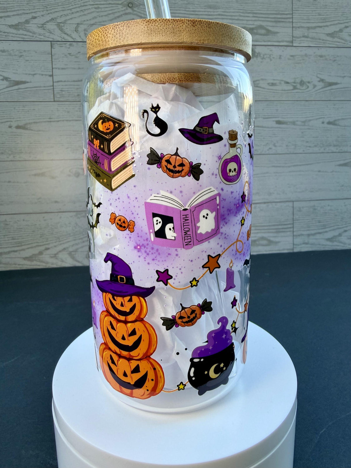 Witchy Halloween Glass Cup | 16 oz Spooky Iced Coffee Cup | Boo Glass Can | Halloween Tumbler with Bamboo Lid & Glass Straw
