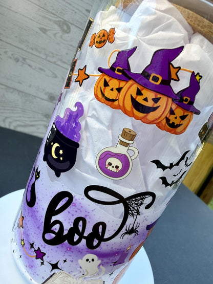 Witchy Halloween Glass Cup | 16 oz Spooky Iced Coffee Cup | Boo Glass Can | Halloween Tumbler with Bamboo Lid & Glass Straw
