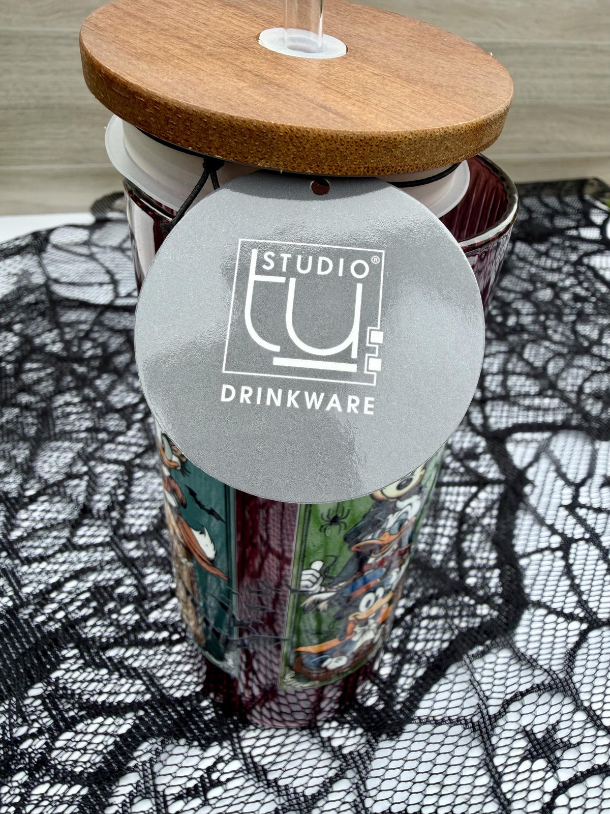 Haunted Mansion Stretching Portraits | 20 oz Burgundy Glass Cup with Bamboo Lid | Haunted Mansion Gift | Spooky Halloween Tumbler