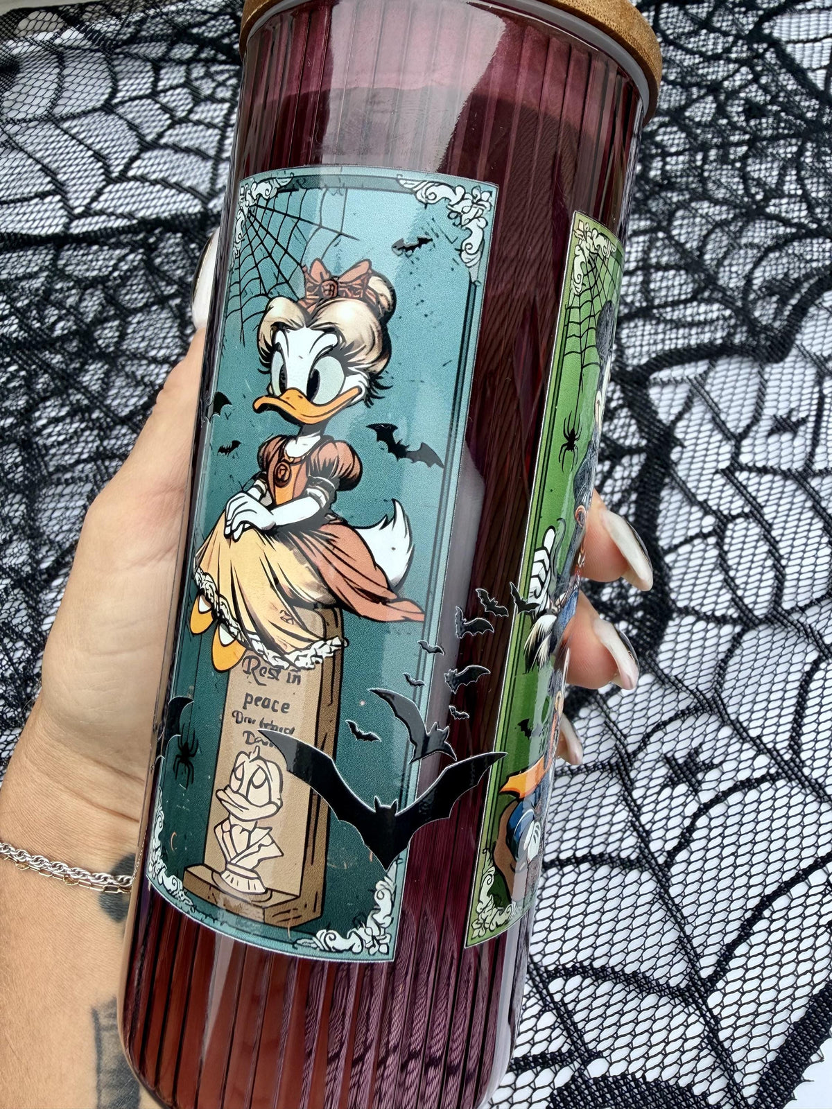 Haunted Mansion Stretching Portraits | 20 oz Burgundy Glass Cup with Bamboo Lid | Haunted Mansion Gift | Spooky Halloween Tumbler