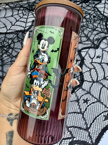 Haunted Mansion Stretching Portraits | 20 oz Burgundy Glass Cup with Bamboo Lid | Haunted Mansion Gift | Spooky Halloween Tumbler