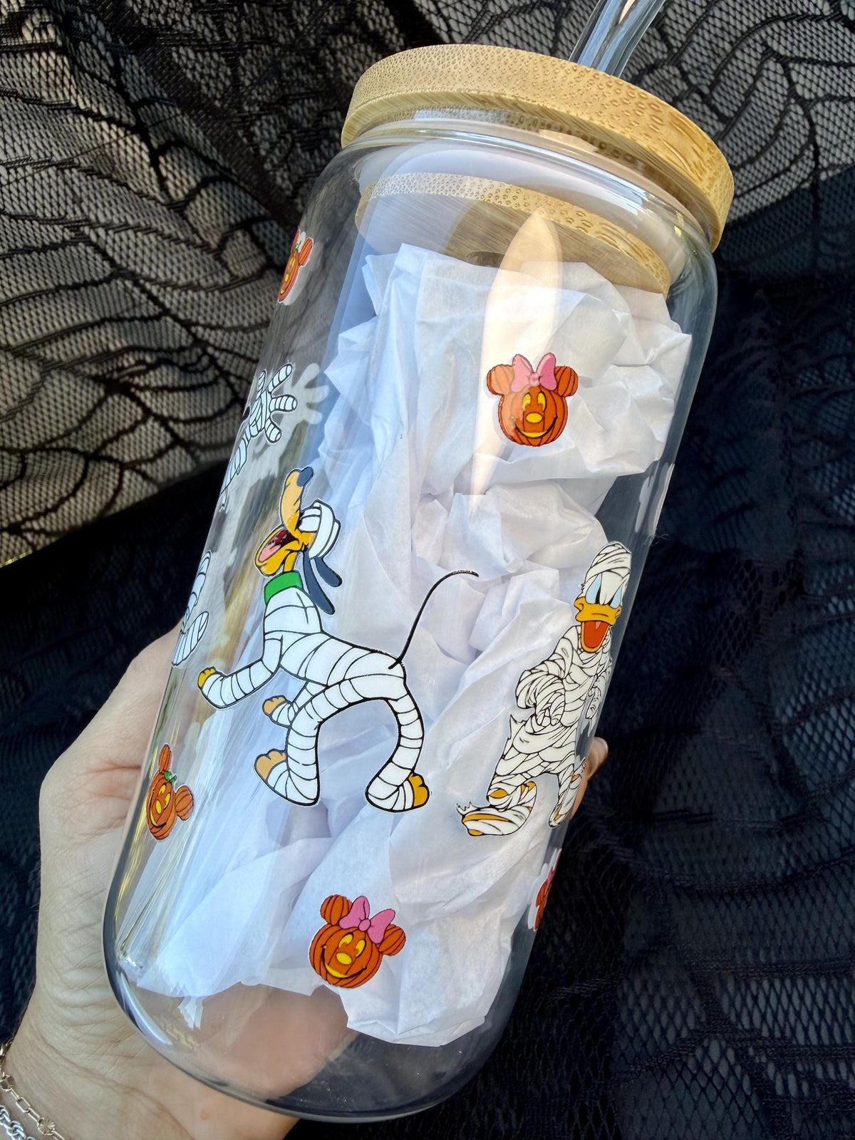 Halloween Mummy Character 16 oz Glass Cup with Bamboo Lid & Straw | Spooky Pumpkin Glass Can Tumbler