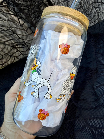 Halloween Mummy Character 16 oz Glass Cup with Bamboo Lid & Straw | Spooky Pumpkin Glass Can Tumbler