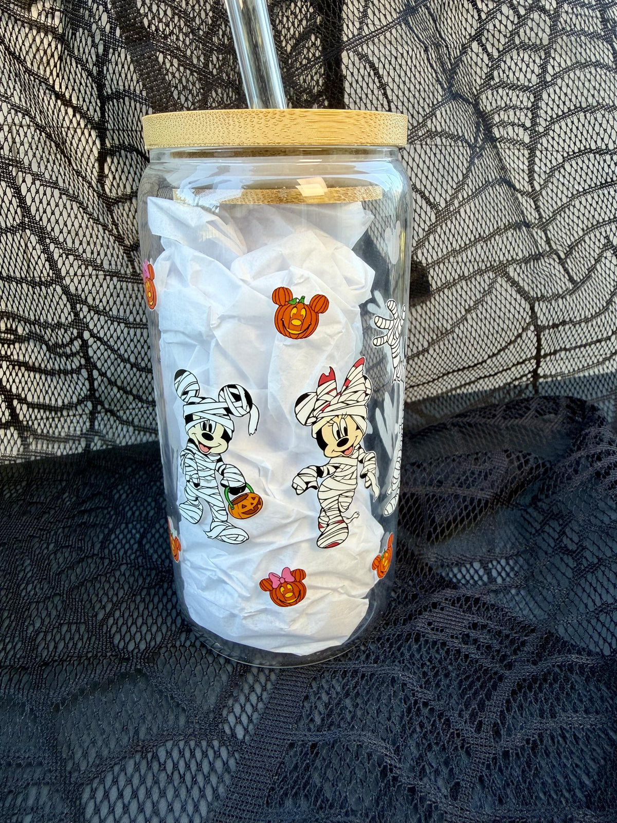 Halloween Mummy Character 16 oz Glass Cup with Bamboo Lid & Straw | Spooky Pumpkin Glass Can Tumbler