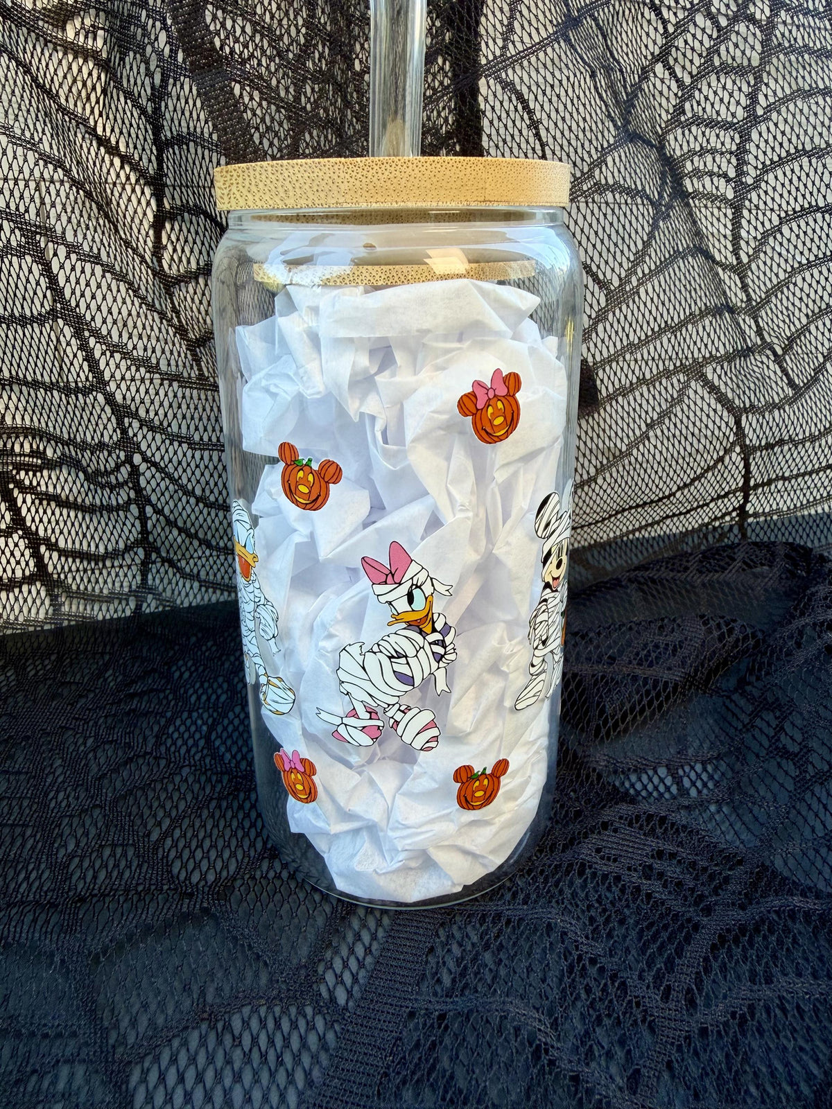 Halloween Mummy Character 16 oz Glass Cup with Bamboo Lid & Straw | Spooky Pumpkin Glass Can Tumbler