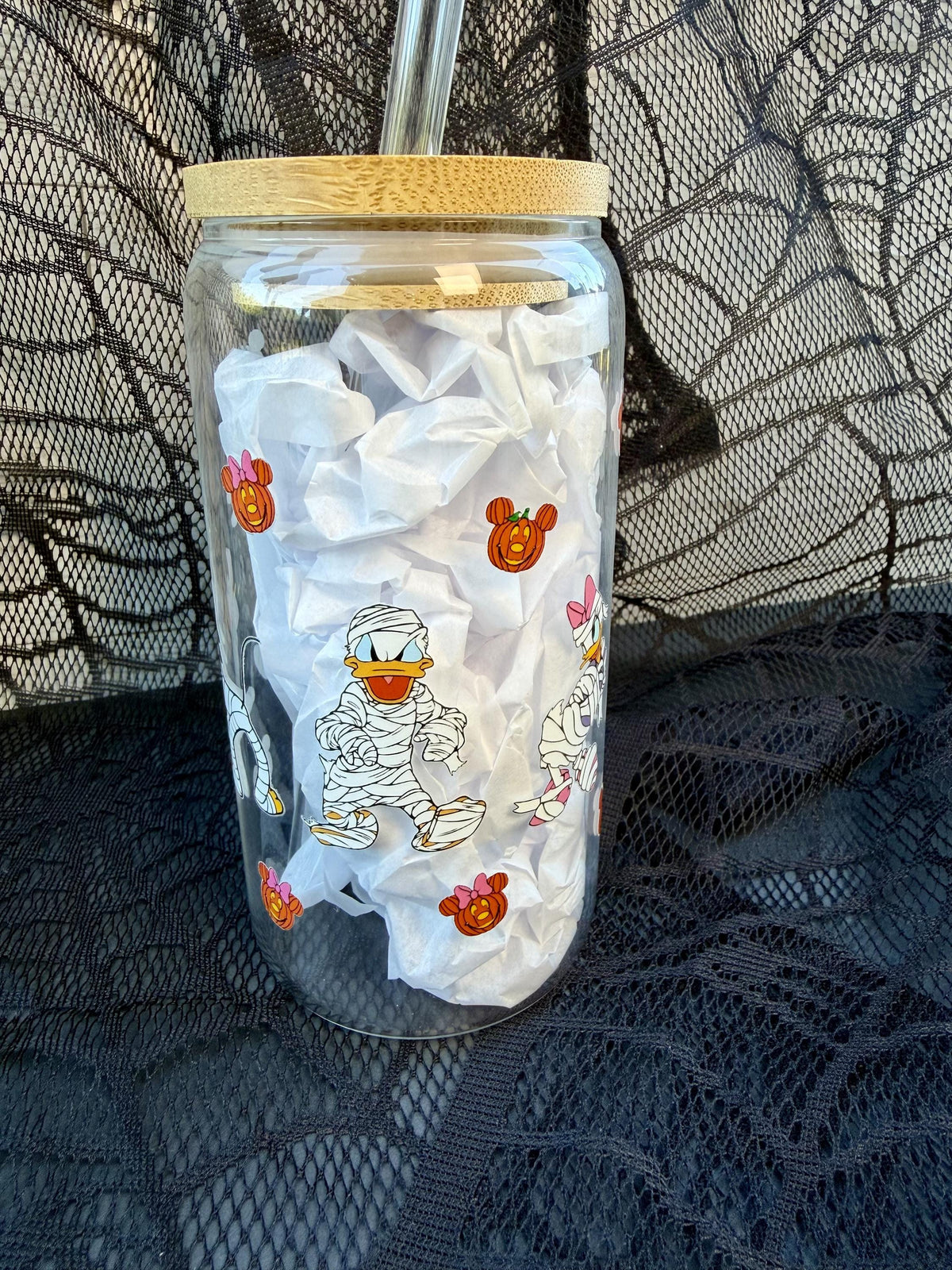 Halloween Mummy Character 16 oz Glass Cup with Bamboo Lid & Straw | Spooky Pumpkin Glass Can Tumbler