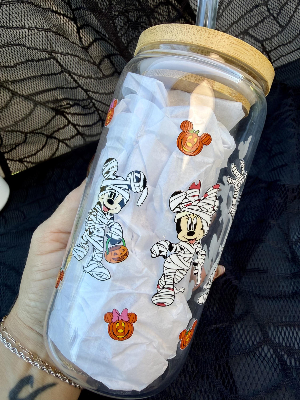 Halloween Mummy Character 16 oz Glass Cup with Bamboo Lid & Straw | Spooky Pumpkin Glass Can Tumbler
