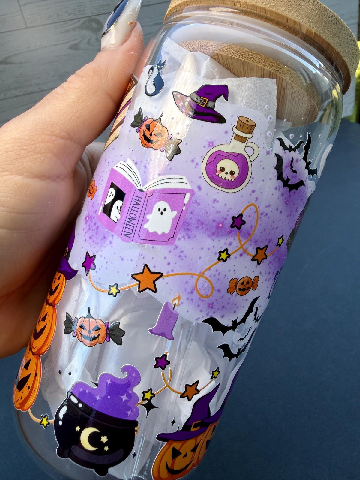 Witchy Halloween Glass Cup | 16 oz Spooky Iced Coffee Cup | Boo Glass Can | Halloween Tumbler with Bamboo Lid & Glass Straw