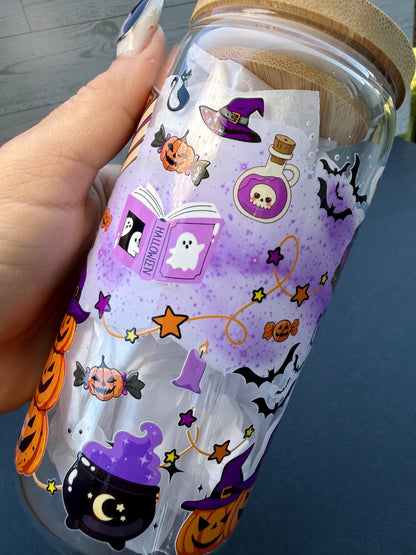 Witchy Halloween Glass Cup | 16 oz Spooky Iced Coffee Cup | Boo Glass Can | Halloween Tumbler with Bamboo Lid & Glass Straw