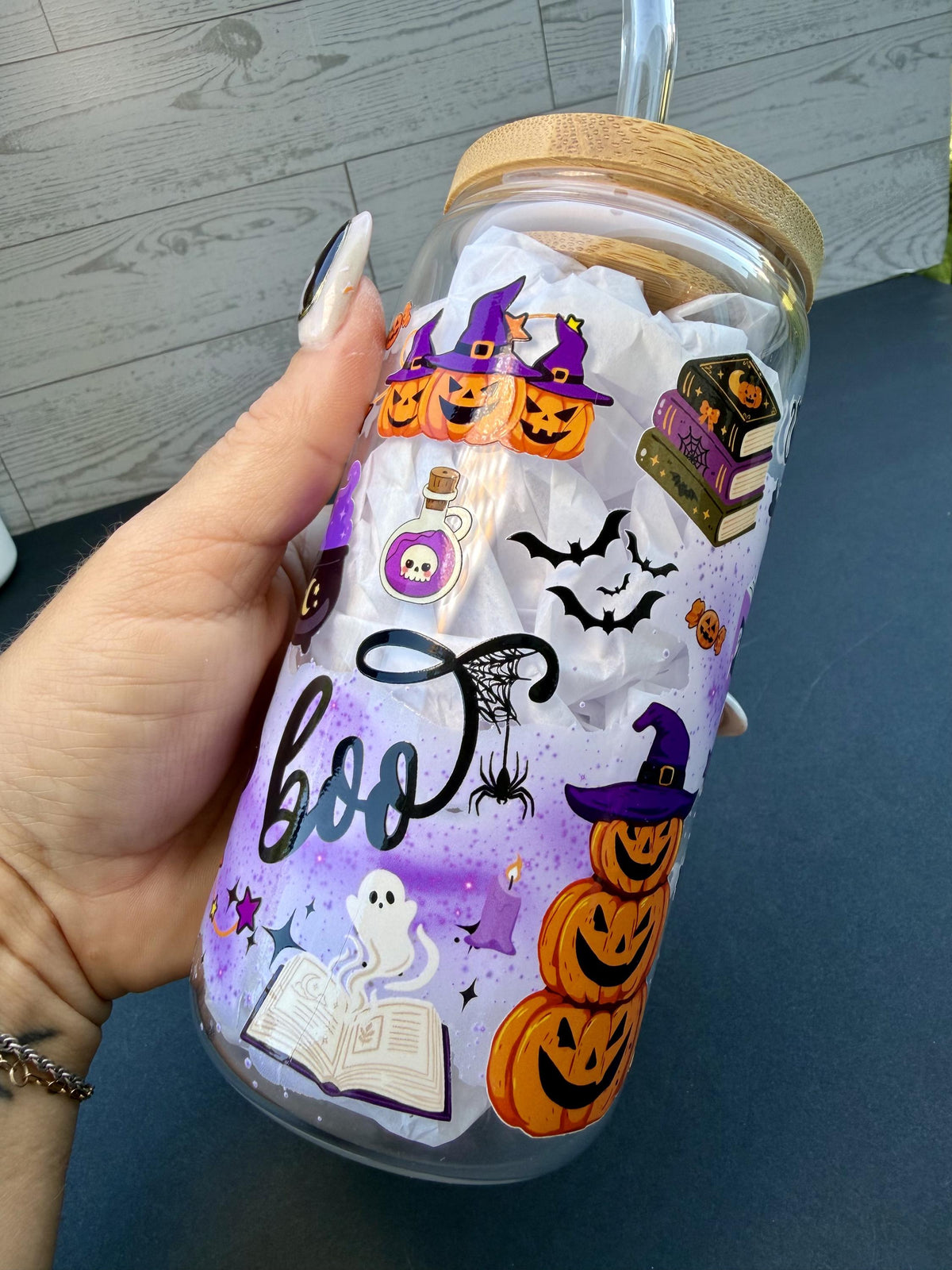Witchy Halloween Glass Cup | 16 oz Spooky Iced Coffee Cup | Boo Glass Can | Halloween Tumbler with Bamboo Lid & Glass Straw