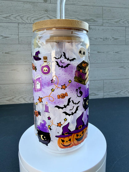 Witchy Halloween Glass Cup | 16 oz Spooky Iced Coffee Cup | Boo Glass Can | Halloween Tumbler with Bamboo Lid & Glass Straw