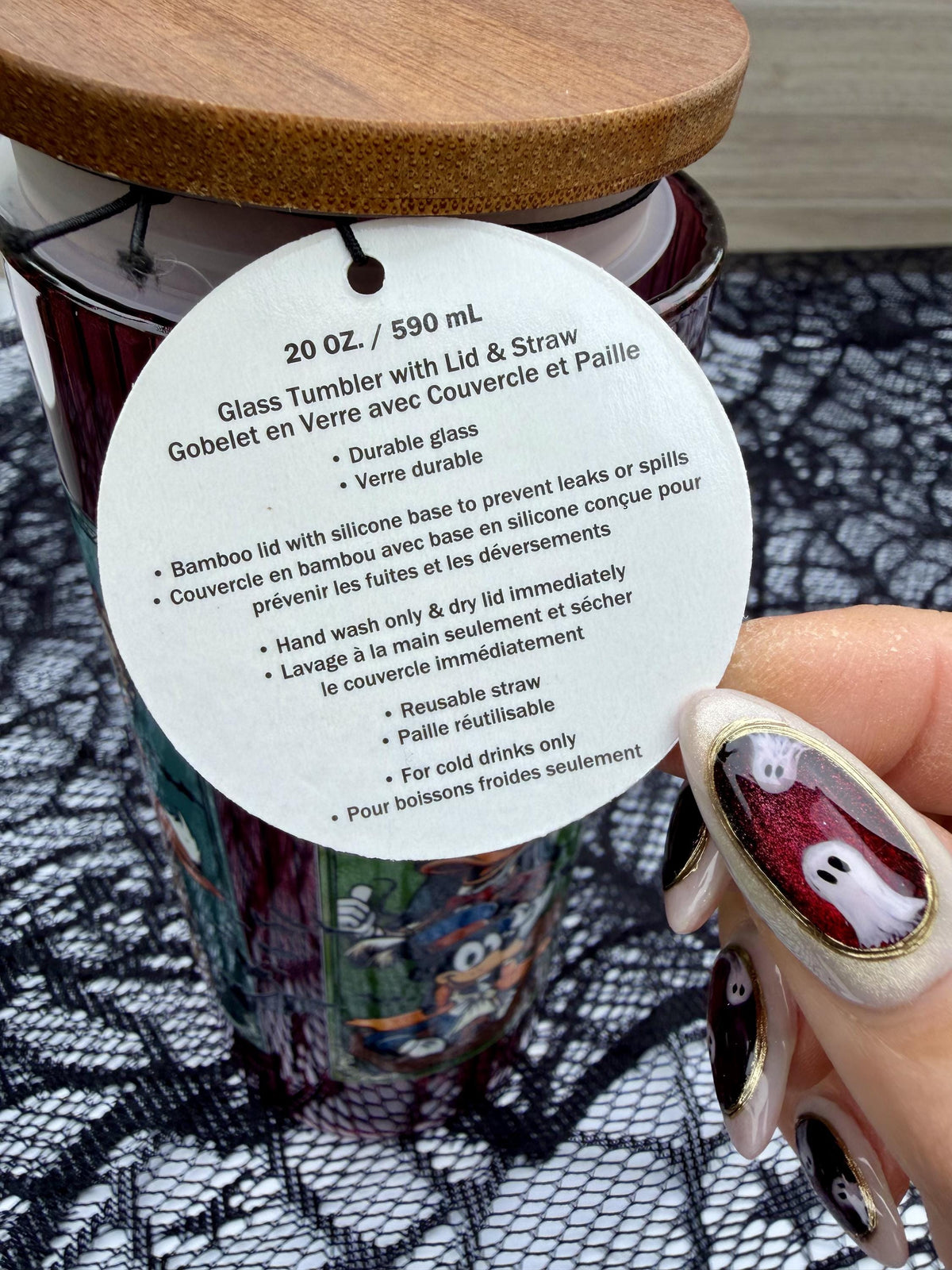Haunted Mansion Stretching Portraits | 20 oz Burgundy Glass Cup with Bamboo Lid | Haunted Mansion Gift | Spooky Halloween Tumbler