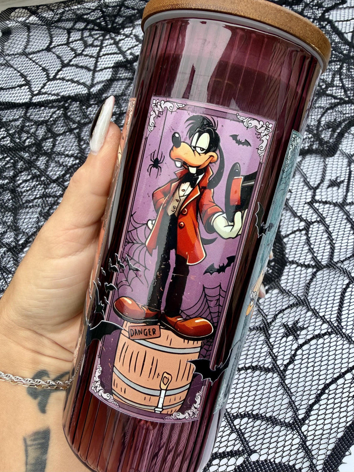 Haunted Mansion Stretching Portraits | 20 oz Burgundy Glass Cup with Bamboo Lid | Haunted Mansion Gift | Spooky Halloween Tumbler