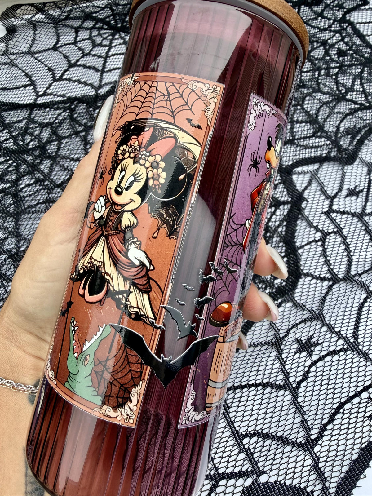 Haunted Mansion Stretching Portraits | 20 oz Burgundy Glass Cup with Bamboo Lid | Haunted Mansion Gift | Spooky Halloween Tumbler