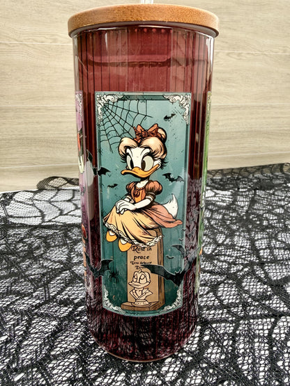 Haunted Mansion Stretching Portraits | 20 oz Burgundy Glass Cup with Bamboo Lid | Haunted Mansion Gift | Spooky Halloween Tumbler
