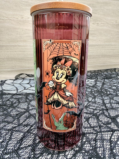 Haunted Mansion Stretching Portraits | 20 oz Burgundy Glass Cup with Bamboo Lid | Haunted Mansion Gift | Spooky Halloween Tumbler