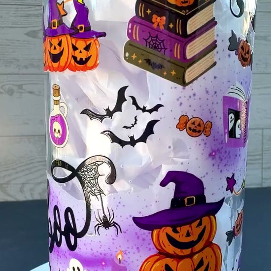 Witchy Halloween Glass Cup | 16 oz Spooky Iced Coffee Cup | Boo Glass Can | Halloween Tumbler with Bamboo Lid & Glass Straw