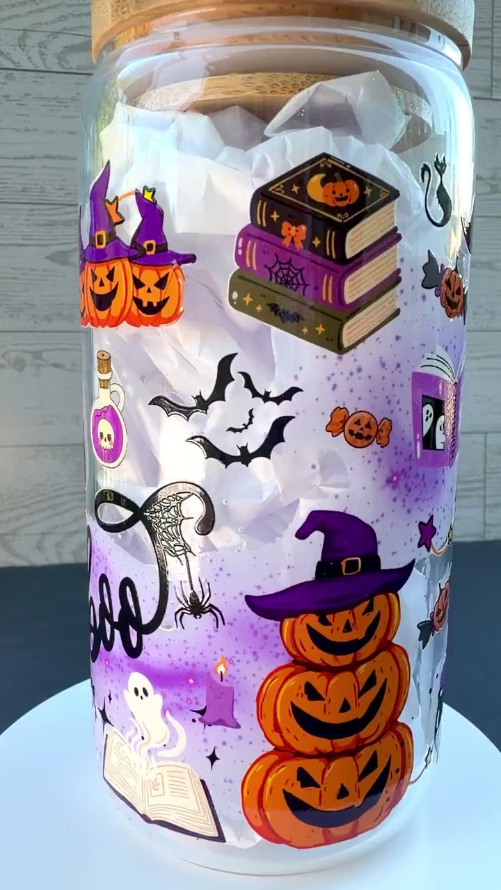 Witchy Halloween Glass Cup | 16 oz Spooky Iced Coffee Cup | Boo Glass Can | Halloween Tumbler with Bamboo Lid & Glass Straw