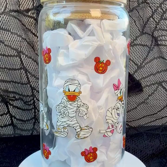 Halloween Mummy Character 16 oz Glass Cup with Bamboo Lid & Straw | Spooky Pumpkin Glass Can Tumbler