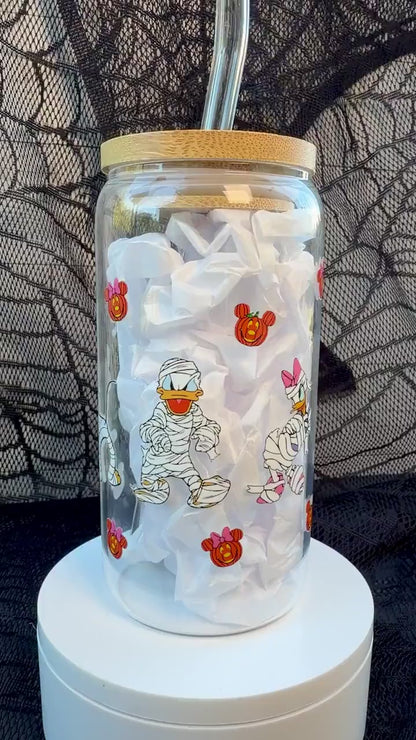 Halloween Mummy Character 16 oz Glass Cup with Bamboo Lid & Straw | Spooky Pumpkin Glass Can Tumbler