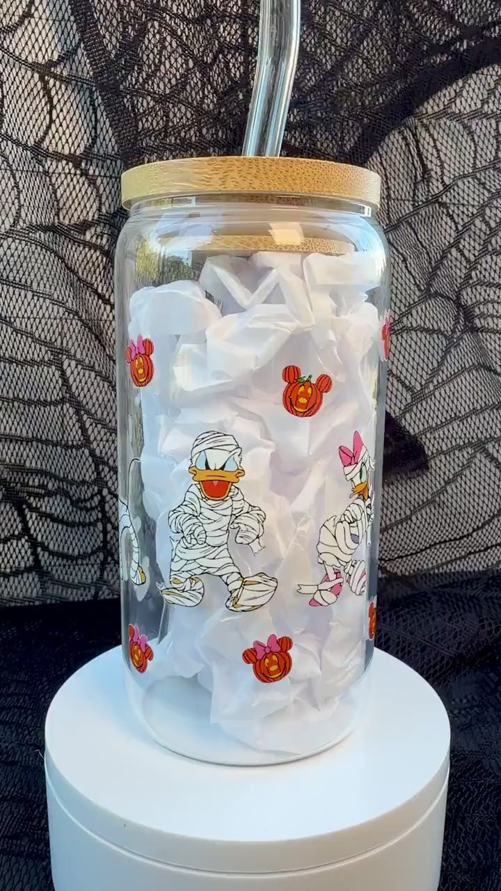 Halloween Mummy Character 16 oz Glass Cup with Bamboo Lid & Straw | Spooky Pumpkin Glass Can Tumbler
