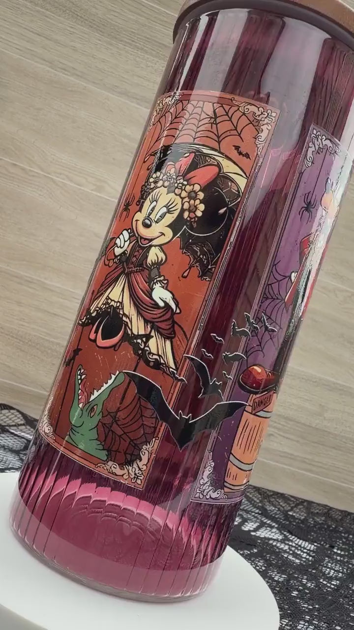 Haunted Mansion Stretching Portraits | 20 oz Burgundy Glass Cup with Bamboo Lid | Haunted Mansion Gift | Spooky Halloween Tumbler
